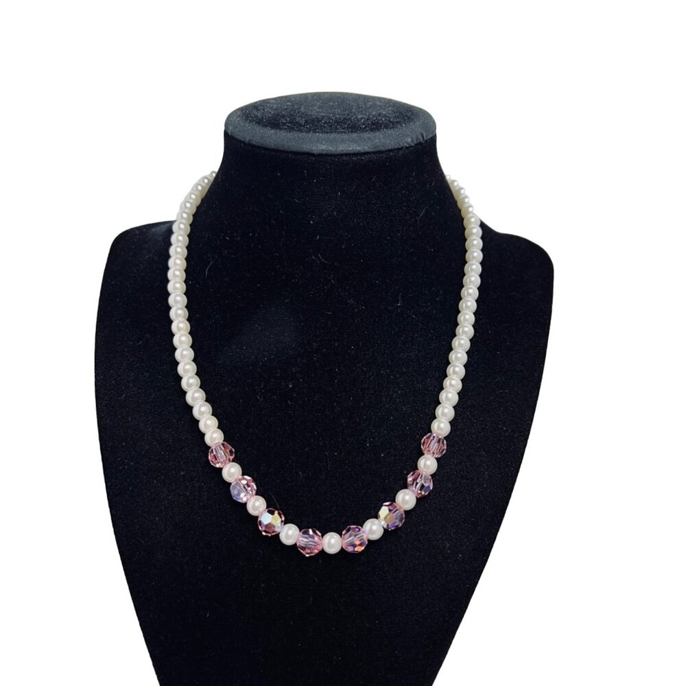 Single Strand Faux Pearl And Aurora Borealis Pink Crystal Necklace (5384)